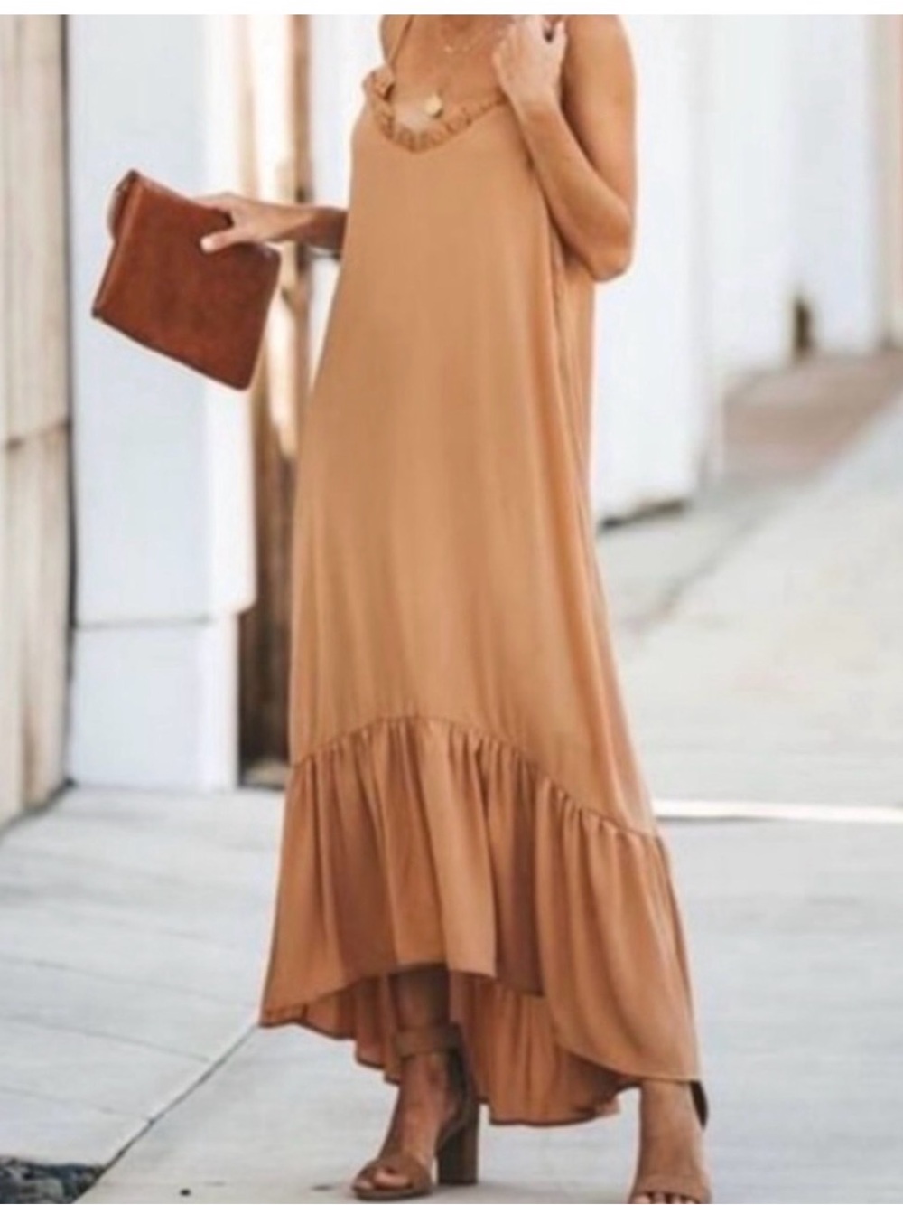 Wishlist Camel High-Low Ruffle-Hem Slip Dress